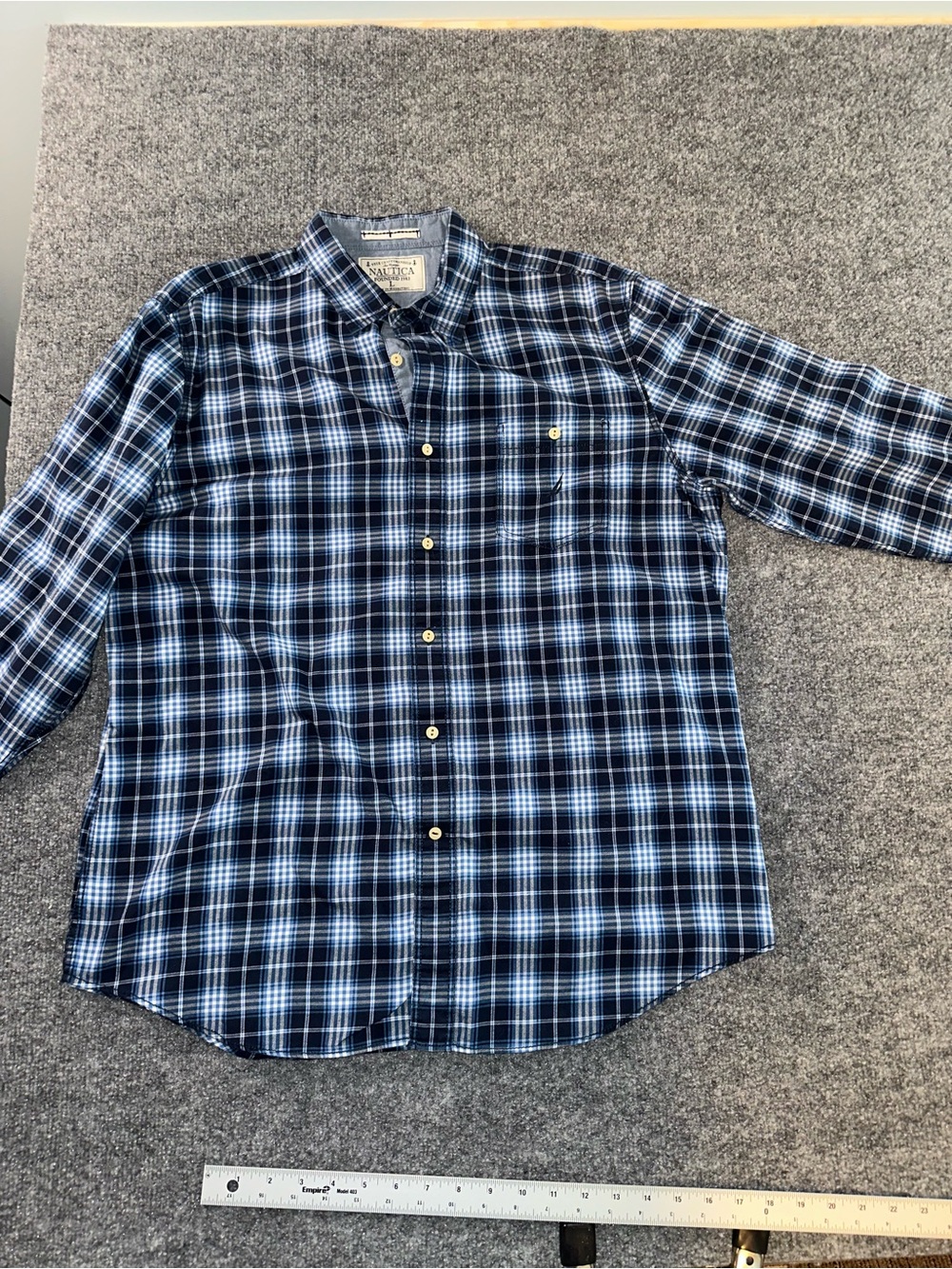Nautica Men's Navy and Light Blue Plaid Button-Down Shirt